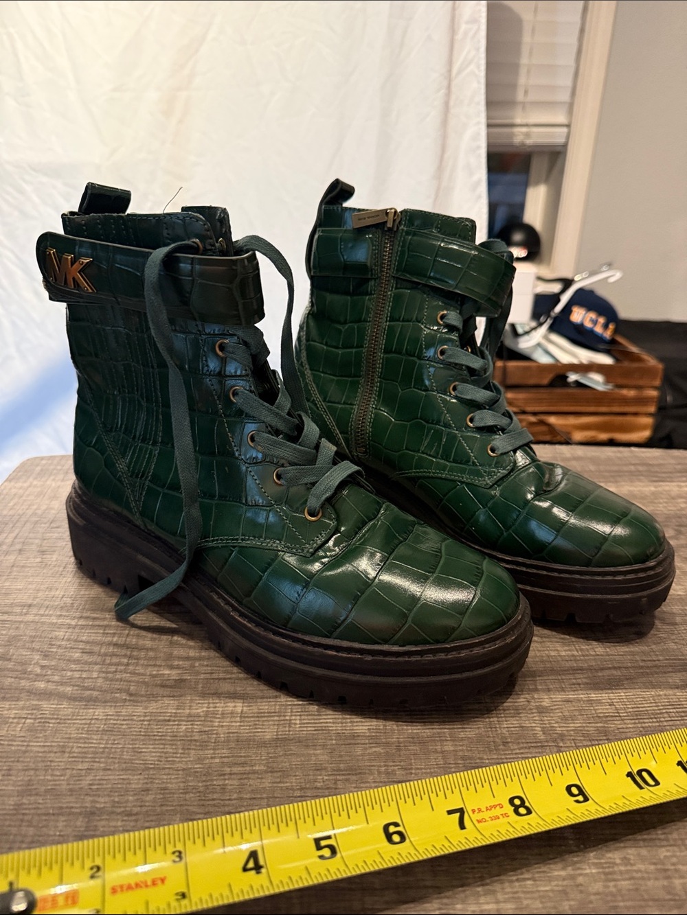 MICHAEL KORS Dark Green Croc-Embossed Lace-Up Combat Boots